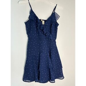 Japna Navy Blue Polka Dot Ruffle Romper Womens Small Smocked Back Chiffon Skort
